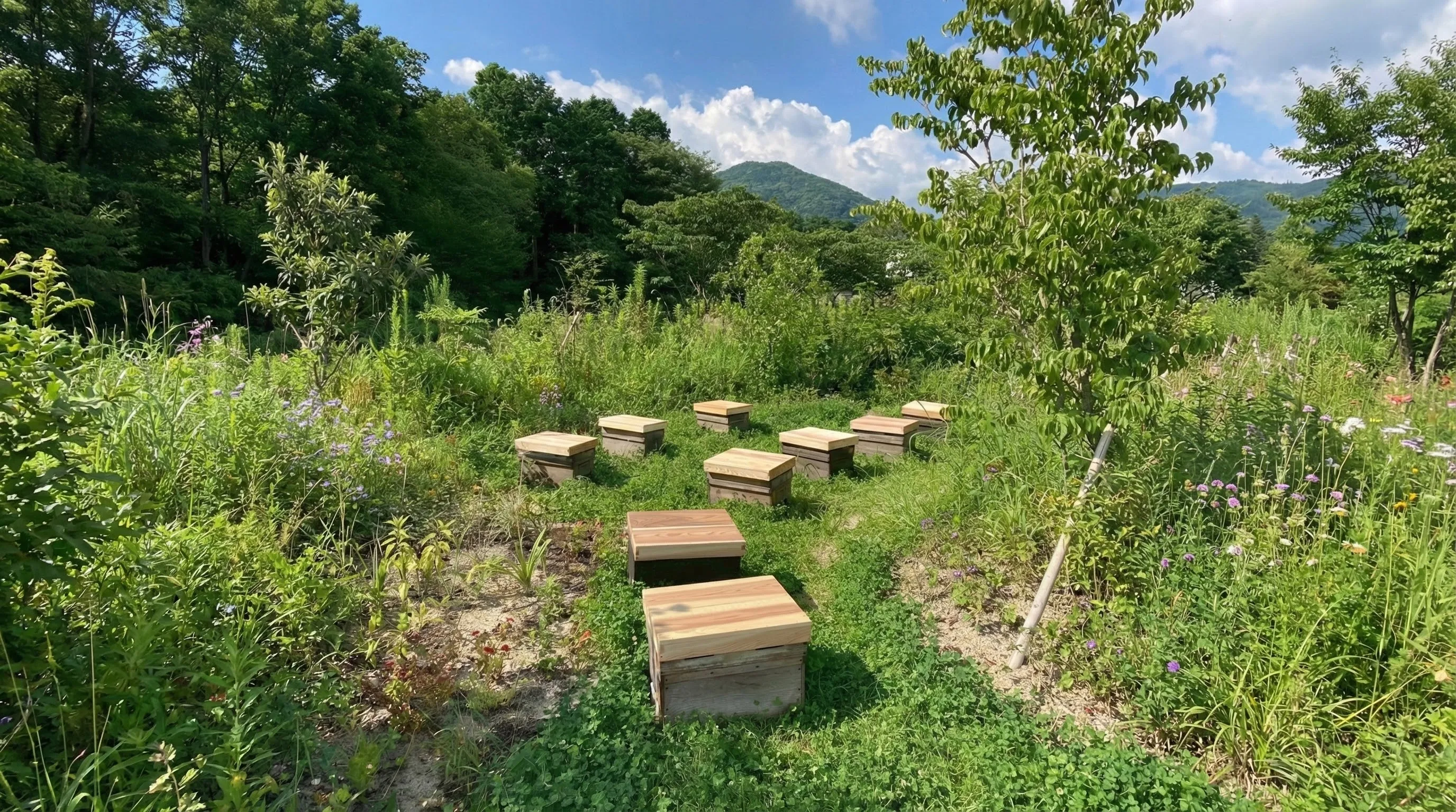山の斜面に置かれた蜂箱の俯瞰